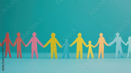 Colorful paper cutouts of diverse people holding hands in a harmonious line against a soft blue background