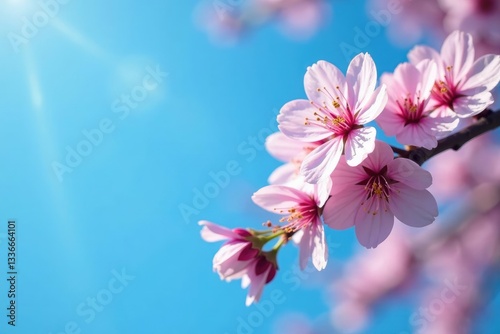 Spring cherry blossoms on blue sky branch with delicate petals, blossomy trees, nature