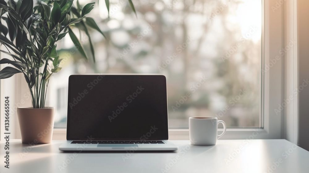 Fototapeta premium Minimalist home office setup with laptop, coffee, and plants