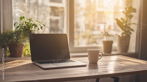 Wallpaper Mural Laptop and coffee cup on a wooden desk with sunlight Torontodigital.ca