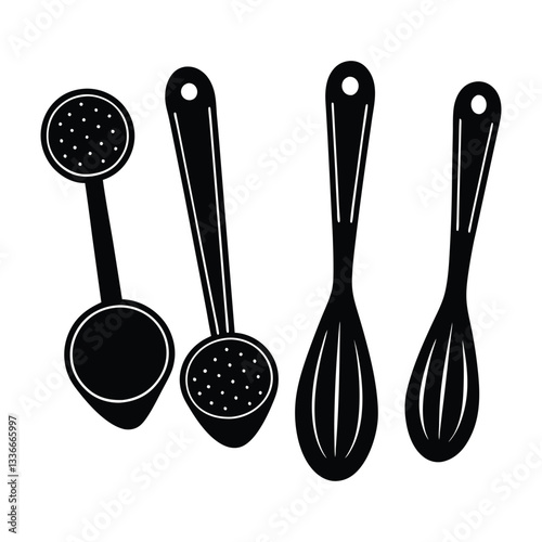 Set of Four Kitchen Utensils Ladle, Spoons, and Whisk - Black and White Illustration