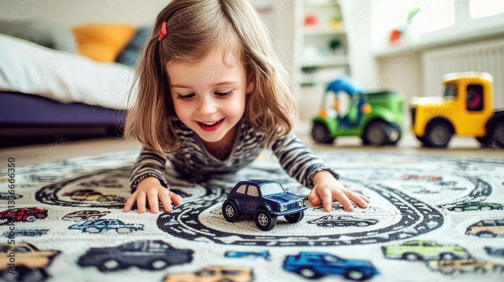 Fototapeta premium Happy toddler girl playing with toy car on floor mat.