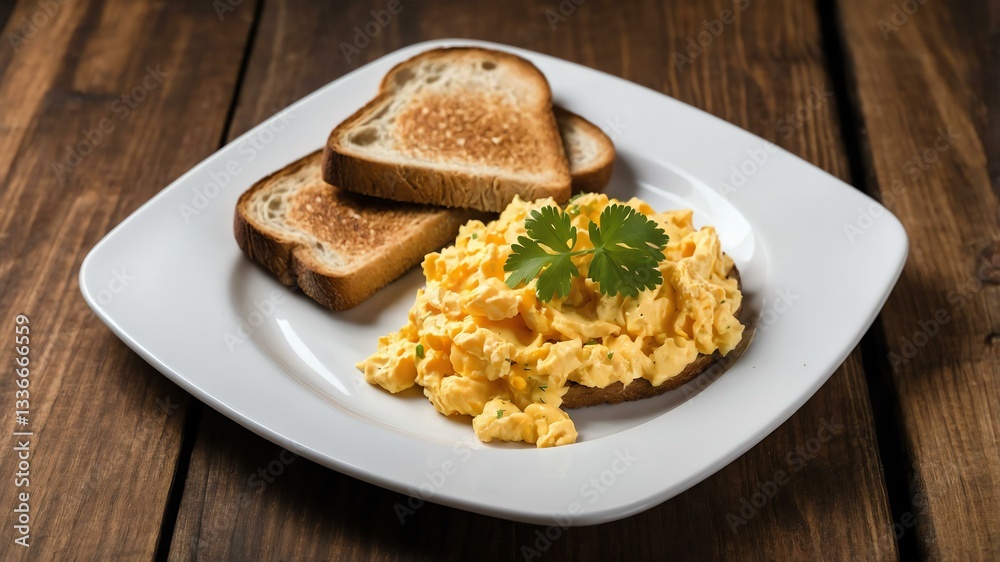scrambled Eggs with Toast on white plate, wood background scrambled Eggs with Toast on white plate, wood background