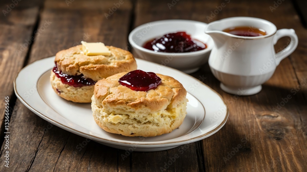 Scones with Jam and Butter on white plate, wood background Scones with Jam and Butter on white plate, wood background