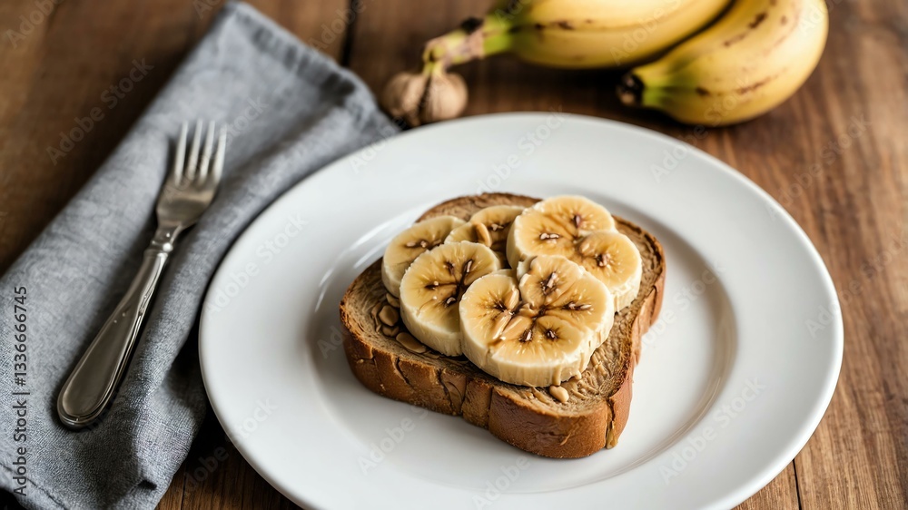 Peanut Butter Banana Toast on white plate, wood background Peanut Butter Banana Toast on white plate, wood background