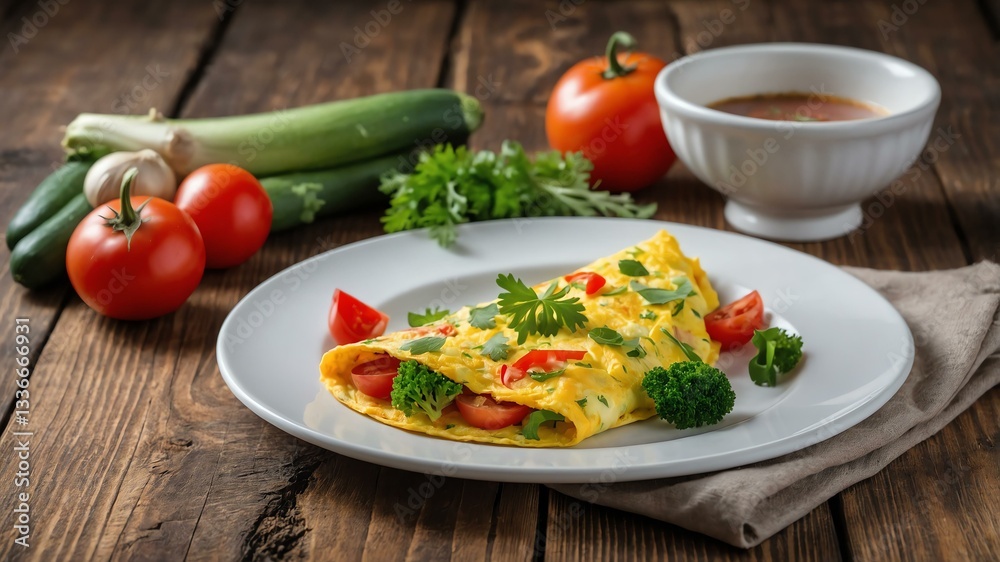 Omelette with Vegetables on white plate, wood background Omelette with Vegetables on white plate, wood background