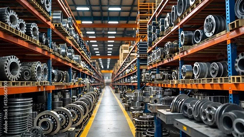 Industrial Warehouse with Large Inventory of Metal Gears and Mechanical Components Stored on High Shelving Racks


