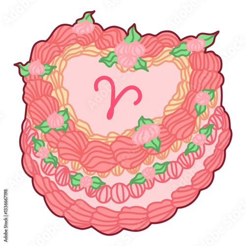 Heart-Shaped Cake with Aries Zodiac Theme Surrounded by Floral Decorations