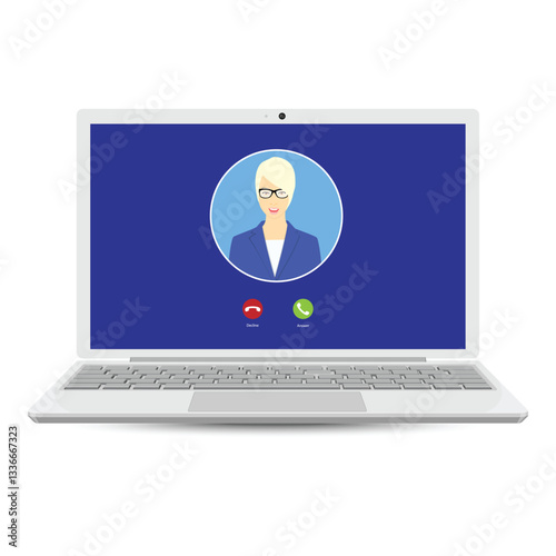 Video call on the laptop computer screen. Videocall web interface. Call window for online business. Vector illustration