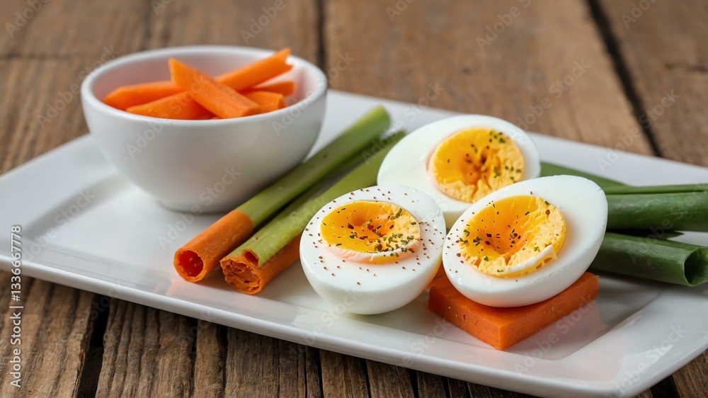 Boiled Eggs with Veggie Sticks on white plate, wood background Boiled Eggs with Veggie Sticks on white plate, wood background