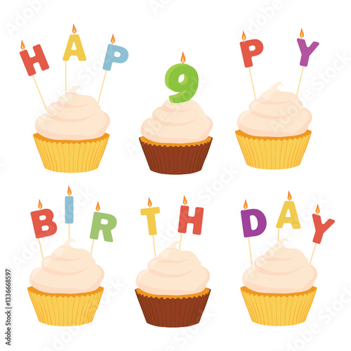 Tasty cupcakes with candles. Happy birthday 9 years anniversary design elements. Vector
