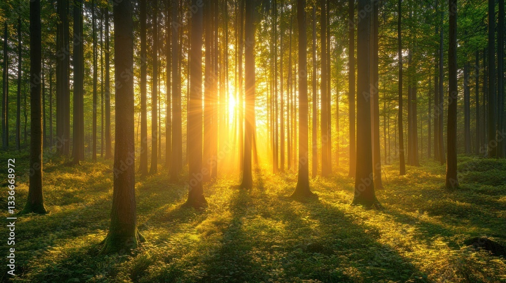 Naklejka premium Golden Hour in the Enchanted Forest: A Serene Sunrise