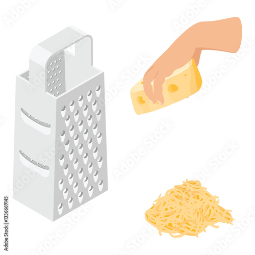 Cheese grater, grated cheese and piece of cheese