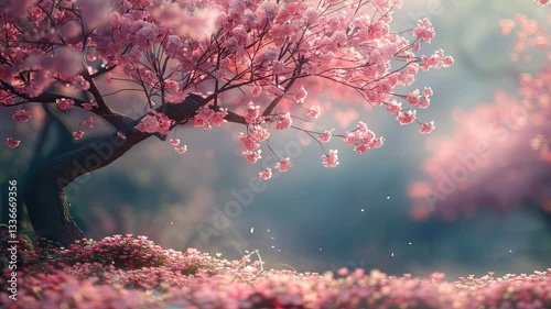 Serene spring landscape with cherry blossom tree, delicate pink flowers falling gently, creating tranquil nature scene.