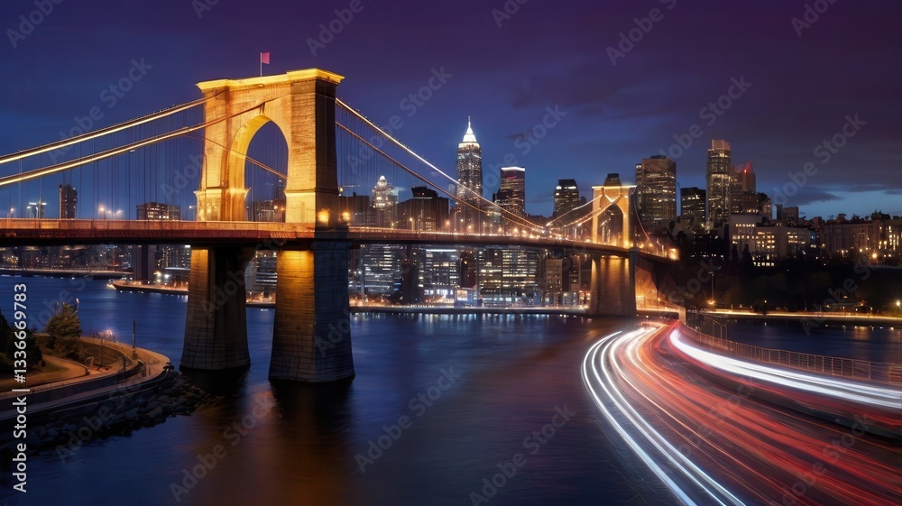 Fototapeta premium Illuminated Bridge at Night over City Skyline