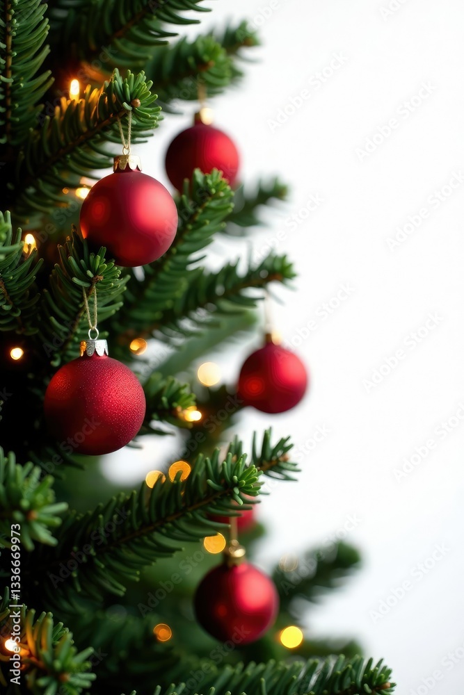 Decorated Christmas tree branch with ornaments and lights isolated on white background, Ornaments, Christmas decorations, Seasonal decor Decorated Christmas tree branch with ornaments and lights isolated on white background, Ornaments, Christmas decorations, Seasonal decor