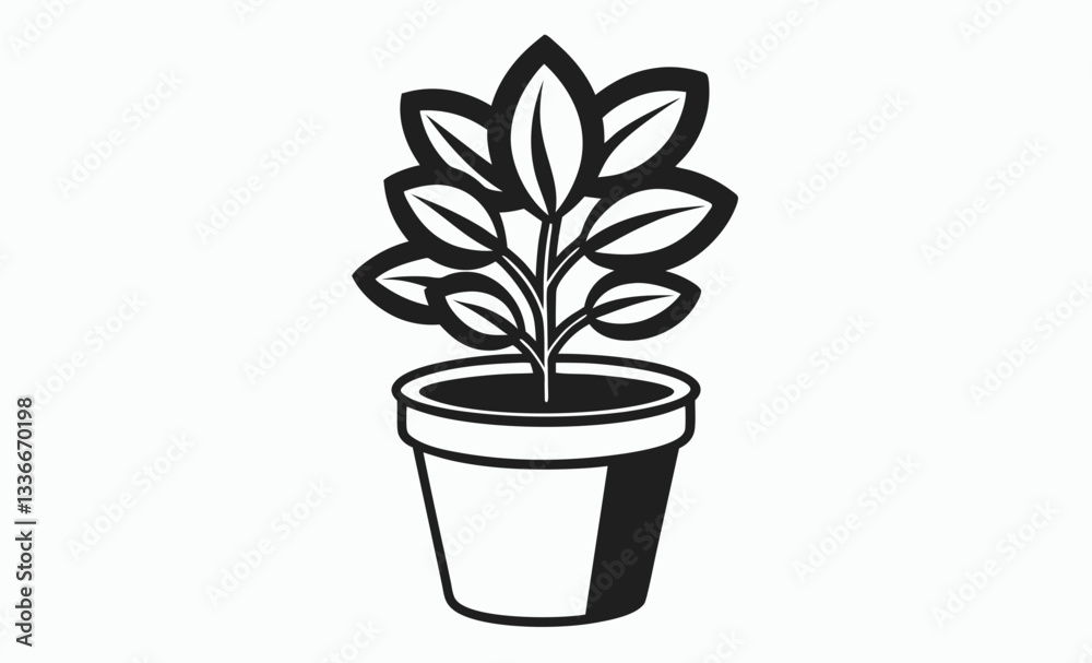 House plant in a pot outline, potted plant line art illustration House plant in a pot outline, potted plant line art illustration