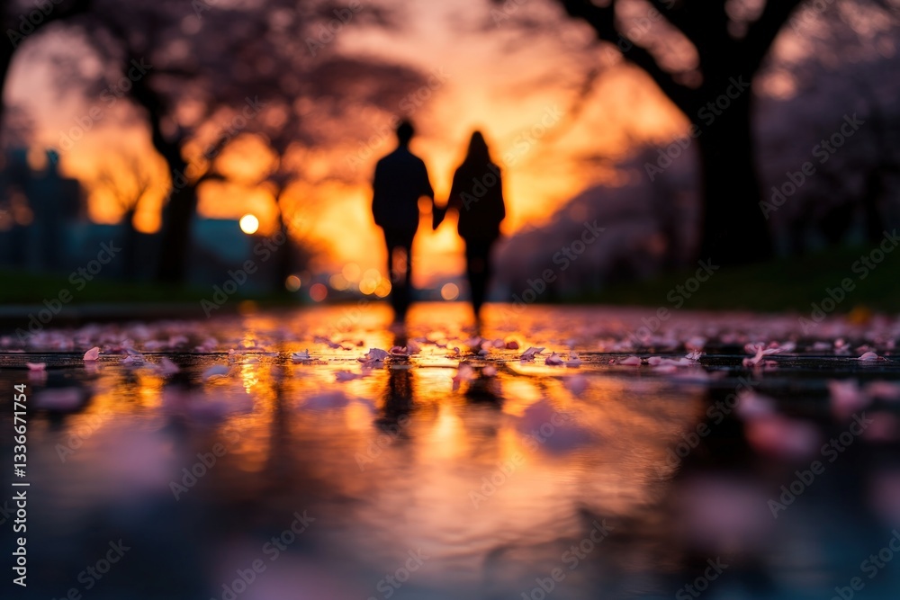 Fototapeta premium Romantic couple walks in a park at sunset, surrounded by cherry blossoms