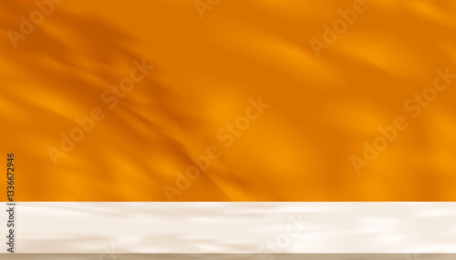 Shadow leave,light on orange studio background wall room and cream podium stage for product,Autumn backdrop banner shadow keaf on floor texture,Interior Kitchen with blur gradient for Fall season