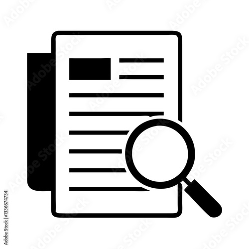 Research paper icon with magnifying glass, symbolizing examination and study