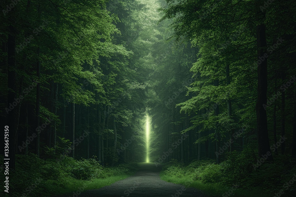 Obraz premium A darkened forest with a single light breaking through the canopy, symbolizing a path of transformation or personal growth emerging from the darkness 