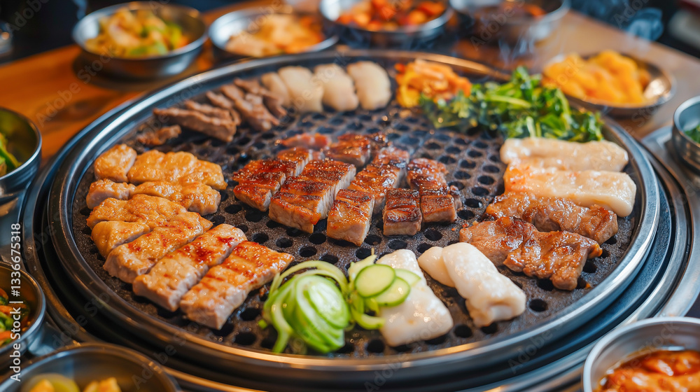 Sizzling barbecue feast at a Korean grill in the evening with assorted meats and vegetables on the grill Sizzling barbecue feast at a Korean grill in the evening with assorted meats and vegetables on the grill