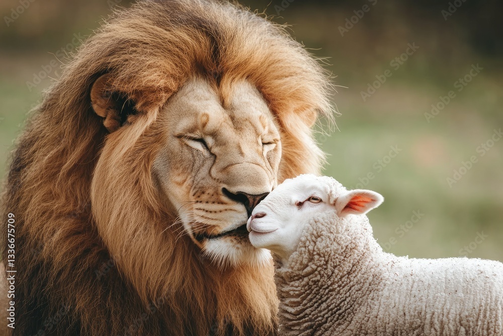 Naklejka premium A lion gently grooming a lamb, symbolizing the nurturing and compassionate side of animals across species. 