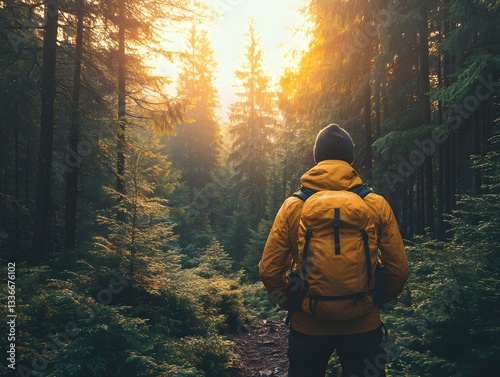 Into the Wilderness: A lone hiker, backpack in tow, stands amidst a verdant forest, gazing towards a sun-drenched clearing, evoking a sense of adventure and the allure of the great outdoors.