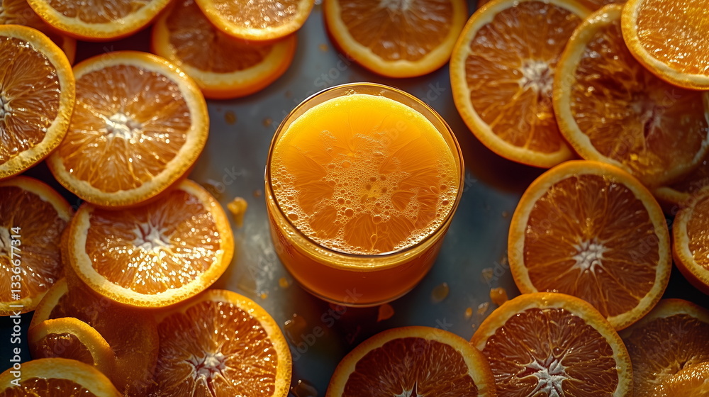 A glass of freshly squeezed orange juice surrounded by whole and sliced oranges. A vibrant and refreshing composition ideal for business, advertising, branding, and promotional materials. A glass of freshly squeezed orange juice surrounded by whole and sliced oranges. A vibrant and refreshing composition ideal for business, advertising, branding, and promotional materials.