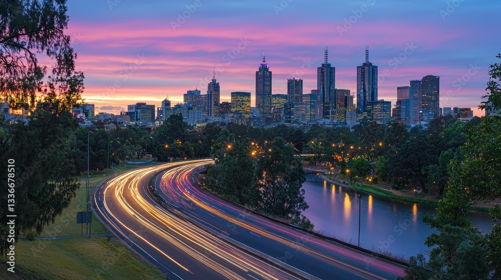 Fototapeta premium Melbourne Cityscape at Dawn: A Breathtaking Panorama of City Skyline, River, and Highway Light Trails