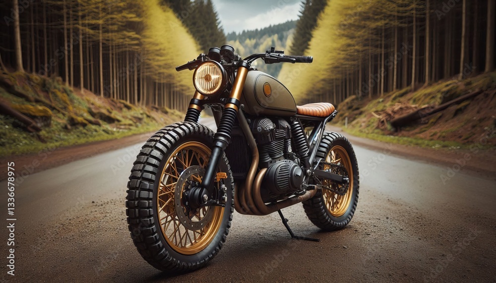Fototapeta premium Custom scrambler motorcycle on a dirt road through an autumn forest, featuring brown leather seat, black metal accents, and vintage design