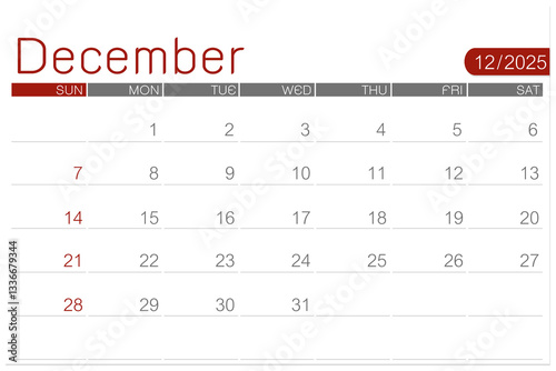 December 2025 blank calendar page isolated on white, Save clipping path.