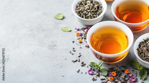 A serene arrangement of herbal teas and loose leaves in bowls, showcasing vibrant colors and textures against a neutral background.