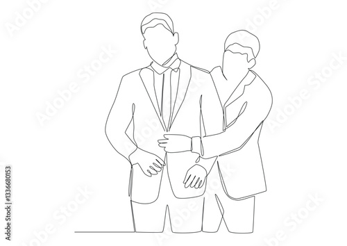 Continuous line art of man helps a friend get dressed.