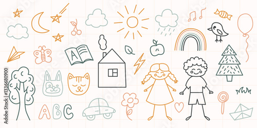 Bohemian baby daycare doodle set. Cute boho pastel kindergarten elements for children. Simple nordic template for nursery, print, poster, card. Hand drawn illustration, bold lines with colored marker.