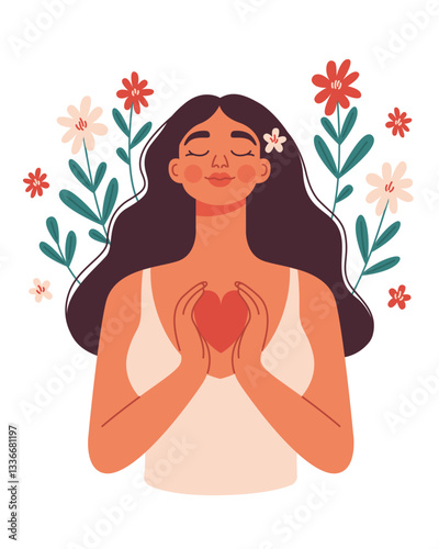 A girl among flowers hugs a heart. Happy smile women. Spring template, poster, banner. Self love, care, harmony, mental health, positive concept. Hand drawn illustration isolated on white background.