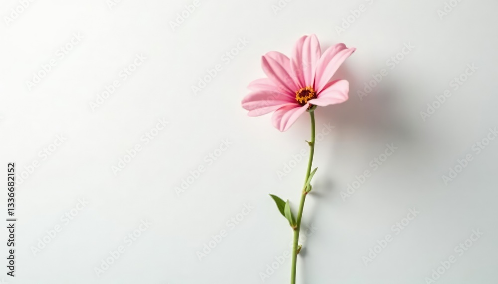 Single flower stem isolated on white background with soft light, petals, solitary Single flower stem isolated on white background with soft light, petals, solitary