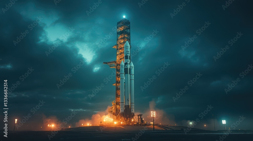 Obraz premium A massive rocket stands ready for launch as flames shoot from its engines, illuminating the launchpad in a dramatic display against dark, stormy clouds during twilight