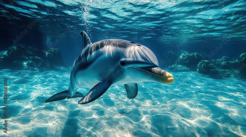Fototapeta premium A dolphin swims elegantly through the clear waters of a tropical ocean, its playful nature on full display as sunlight dances on the surface, illuminating the underwater habitat