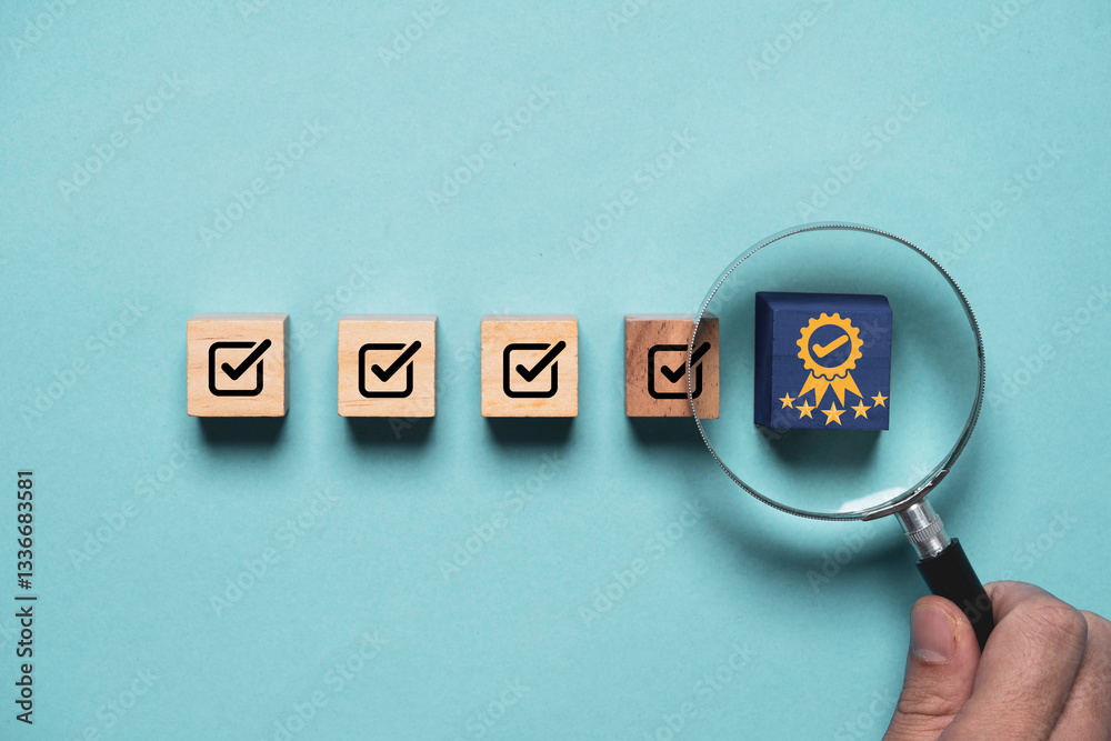 Hand holding magnifier glass to focus the best quality assurance with golden five stars among correct sign mark for guarantee product and ISO service concept. Hand holding magnifier glass to focus the best quality assurance with golden five stars among correct sign mark for guarantee product and ISO service concept.