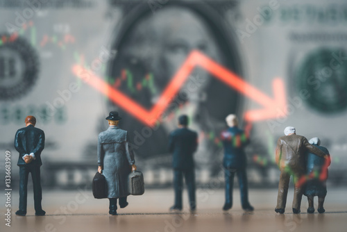 Miniature figure standing with USD banknote and red down arrow for United States of America have economic recession crisis concept.