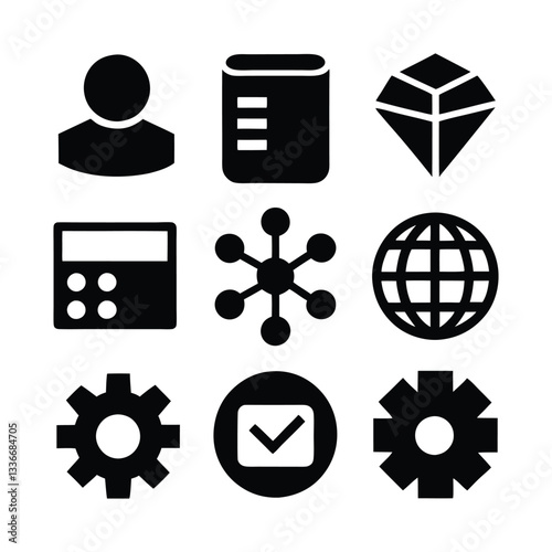 Collection of Basic Glyph Icons User, Document, Diamond, Calculator, Network, Globe, Gear, Check Mark