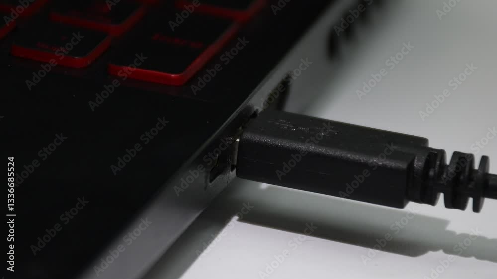 Connecting a USB cable to a computer, hand plugging device into USB port. High quality 4k footage