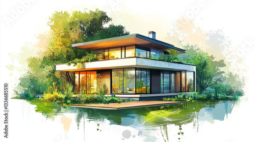Modern lakeside house, lush greenery, architectural sketch