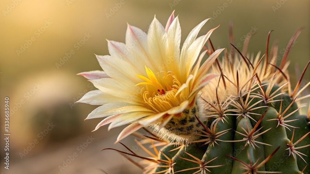 Desert Bloom: A close-up shot captures the delicate beauty of a blooming cactus flower against a blurred backdrop, showcasing the resilience and vibrant life within the arid landscape. Desert Bloom: A close-up shot captures the delicate beauty of a blooming cactus flower against a blurred backdrop, showcasing the resilience and vibrant life within the arid landscape.