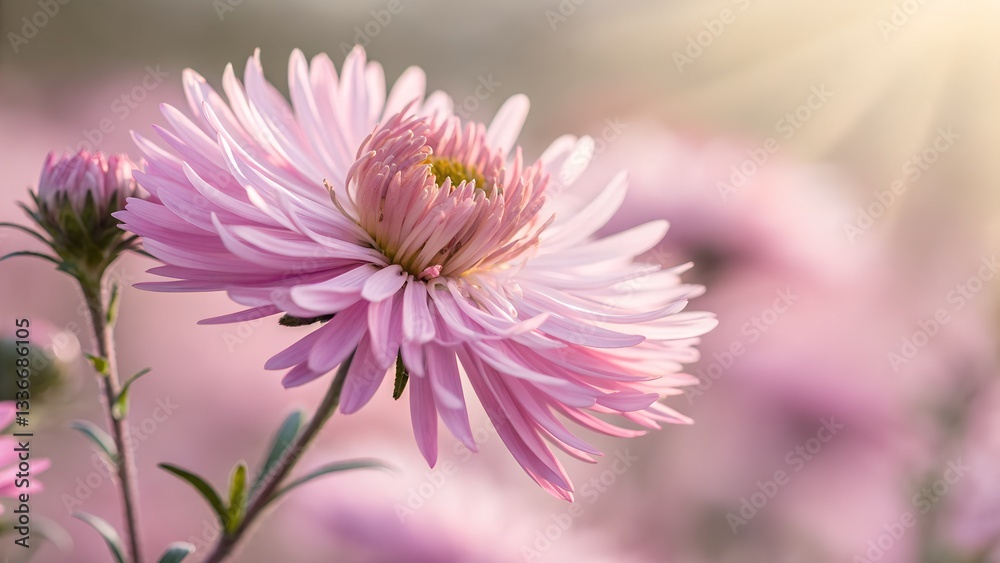 Obraz premium Blooming Beauty: A close-up shot of a vibrant pink aster, petals elegantly unfurling, basking in the warm embrace of sunlight, capturing the delicate beauty and essence of nature.