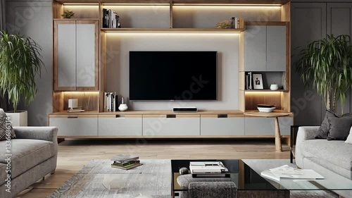 Contemporary living room with custom wall unit, TV, and stylish decor