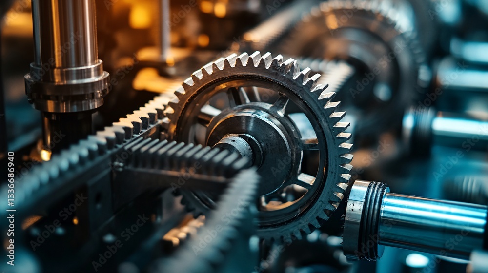 Fototapeta premium Close-Up of Interlocking High-Precision Metal Gears in a Complex Mechanical System
