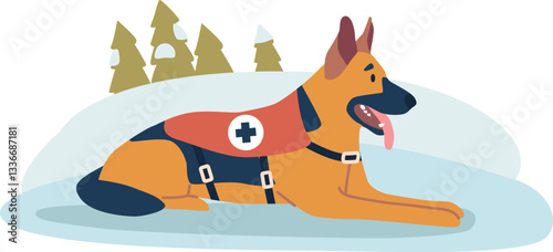 Dog rescuer in winter forest