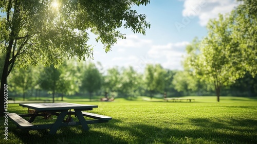 Peaceful Picnic Spot Surrounded by Lush Green Trees in Nature